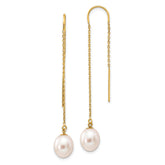 14k 7-8mm White Rice Freshwater Cultured Pearl Dangle Threader Earrings